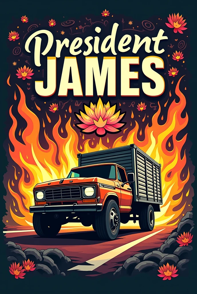 The poster of the pickup truck with a closed container for delivering parcels has the words &quot;President James&quot; written on it. I want it to be even cooler. There are flames, lotus flowers, and cogwheels. I want the name to be clear.