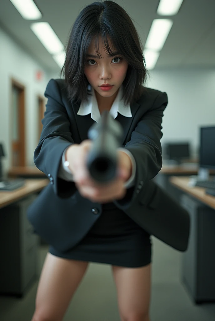 beautiful sweet big eyes office lady korean low mini skirt standing legs spreading full portrait shotgun point at you front facing with shotgun rampage
