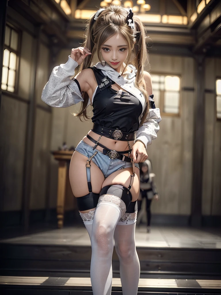 (8k, RAW Photos, highest quality, masterpiece:1.2), (Realistic, photo-Realistic:1.5),Omertoza,(((One girl))),(K-Pop Idols), (Charming monkey:1),Old cityscape background, daylight,sunlight, Professional Lighting, Photon Mapping, Radio City, Physically Based Rendering,In a corner of the Comic Market venue, Cosplayers posing surrounded by photographers. The photographer takes pictures from different angles.、The flash shines. Cosplayers are dressed as popular anime characters and smiling for the camera,Long Hair, alone, Strapless Dress, Blonde Hair, Crown, blue eyes, hair band, View Viewer, White gloves, Flat Chest, Covered navel, bow, black hair band, Removable sleeves, bangs, mini Crown, Detachable collar, (anger:1.1), Hands on hips
