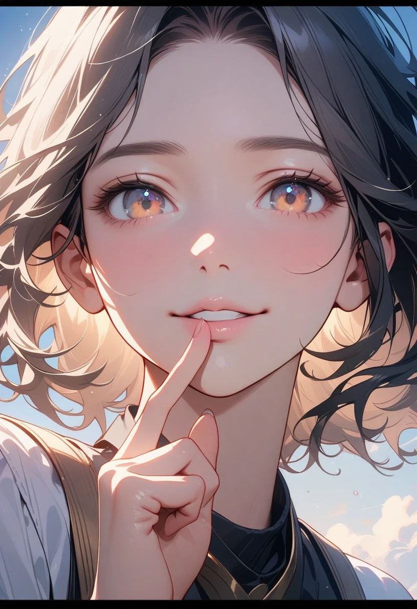 1 female, (Focus on the eyes, put your index finger in front of your mouth:1.5), A woman with a calm expression holds her index finger over her mouth "quiet" Pause, Soft pink and beige shades, Natural light casts soft shadows on the face, Soft wavy hair and smooth skin, Warm light shines in, A little star shining in your eyes, Long eyelashes, Soft lip lines, Natural three-dimensional effect, A kind smile, ((masterpiece)), ((Highest quality)), (Very detailed), (Very detailed)), 4K, (8k), so beautiful, Absurd, High resolution,