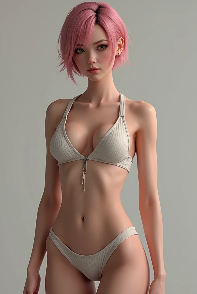 ((perfect anatomy:1.2,realistic:1.3,RAW Photography:1.3,masterpiece、highest quality、Ultra - High resolution、High resolution、Highly detailed CG、8K)),((best quality)), NSFW, small breasts, round breasts, prominent collarbones, skinny arms, flat stomach, visible hip bones, full body, short hair, pink hair, image of Ada Wong, Realistic Shadows, Detailed skin, Very small breasts, round breasts, Very detailed, highly detailed face, Perfect face shape, Perfect lips, Perfect nose, Correct beautiful eyes, Watching Viewer, Best Quality, very revealing outfit, unzipped,
