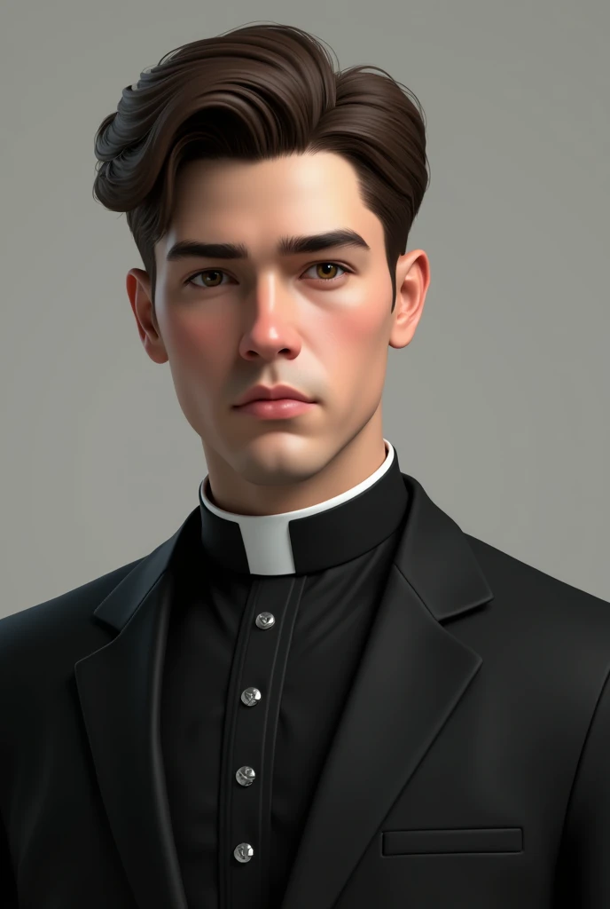 a young man of about twenty-five years old, Brown hair, Brown eyes, Tez blanca, with a black suit and a realistic priest&#39;s collar