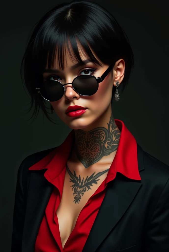 Digital art , Tan skinned woman, tattoos on neck, portrait close up ,black with red suit, neck length hair cut, sunglasses on with a mysterious look 