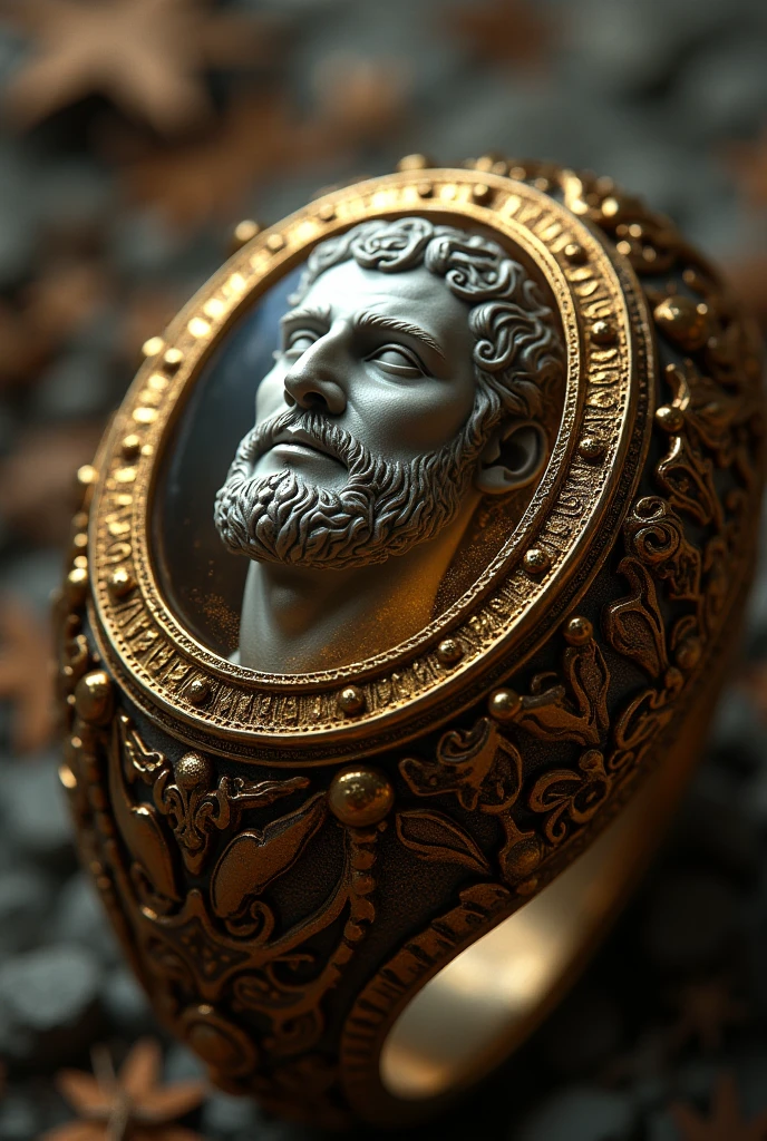 Gold ring and in its center a stone inside the stone a male face in Roman style