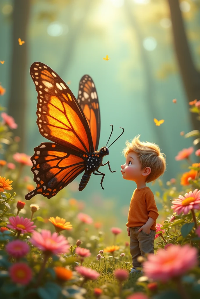 : A wise-looking butterfly named Bella gently lands beside Charlie. The background shows colorful flowers and a soft breeze moving through the 