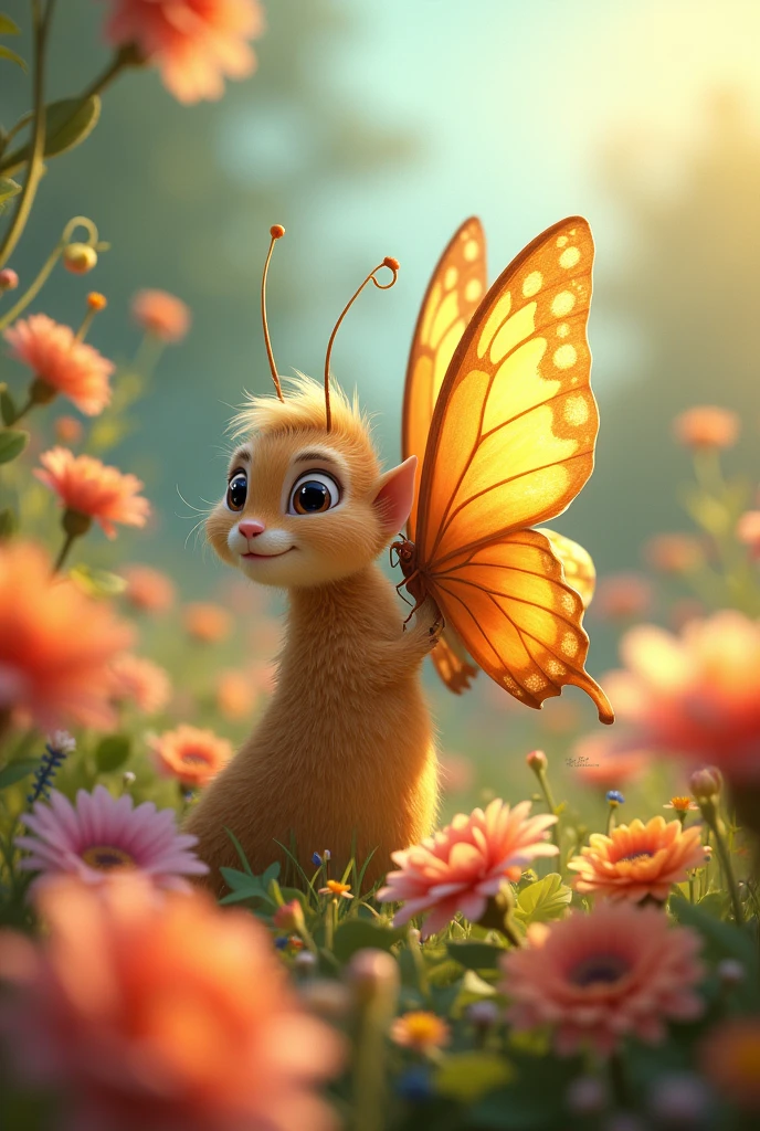 : A wise-looking butterfly named Bella gently lands beside Charlie. The background shows colorful flowers and a soft breeze moving through the 