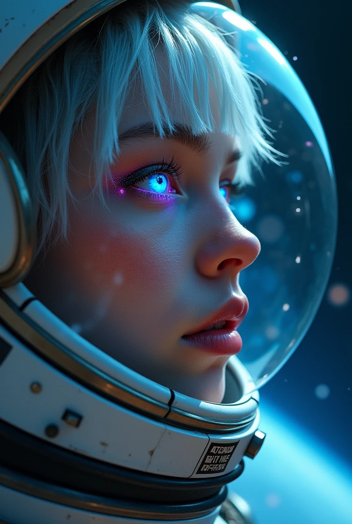 (Close-up of a better masterpiece:1.5)0.9], (Space and astronauts:1.2) (Messy silver hair:1.1) (Heterochromia xanthochromia and blue eyes:1.2) (Space Helmet:1.0) (Colored stars in the eyes:1.0) (A radiant glow:1.1) (thick lips:0.9)