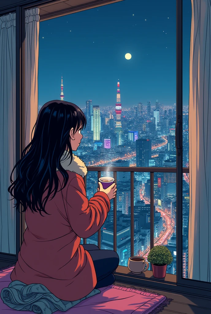 80's、comics、Balcony、Night view、girl、winter、Mug、cocoa、cute、Black Hair、Tokyo、80'sアニメーション、