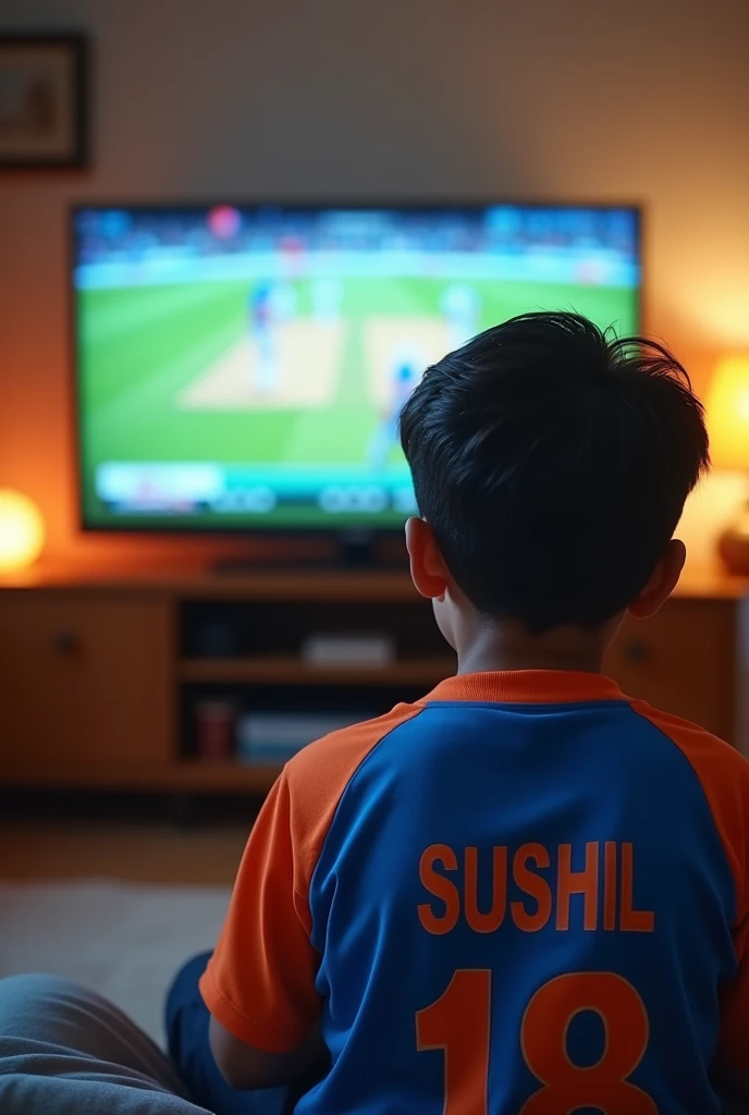 A boy sitting in front of tv and watching cricket match wearing india jersey and sushil name
18 number on his jerswy
