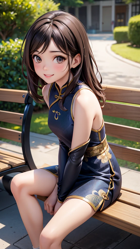 Girl mid hair Brown hair brown eyes Blue matching Smile confidently Correct limbs, black cheongsam, outdoor path background, sitting on bench, back turned, looking over her shoulder 