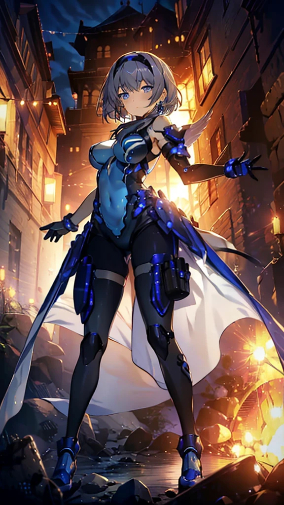 ((full body)),age Girls in Anime, Blue and grey metal armor, Blue hand and thigh accessories, Short dark blue-gray hair, hair accessory, Grey Eyes, Silver earrings, nose, Curious, Healthy Skin, Very dirty, head, shoulder, Small box, arms, Have a map, Narrow waist, feet, Medium thighs, Has black robotic legs, cute, Bright colors on the shirt, Futuristic marble white palace, Shining light in the sky, Stand next to a wall, Cinematic Light, High resolution, Highest quality, Super detailed, Detailed face, (Detailed eyes), Highest quality, Super detailed, masterpiece, (Detailed face), Beautiful face, feetを見せて, short hair