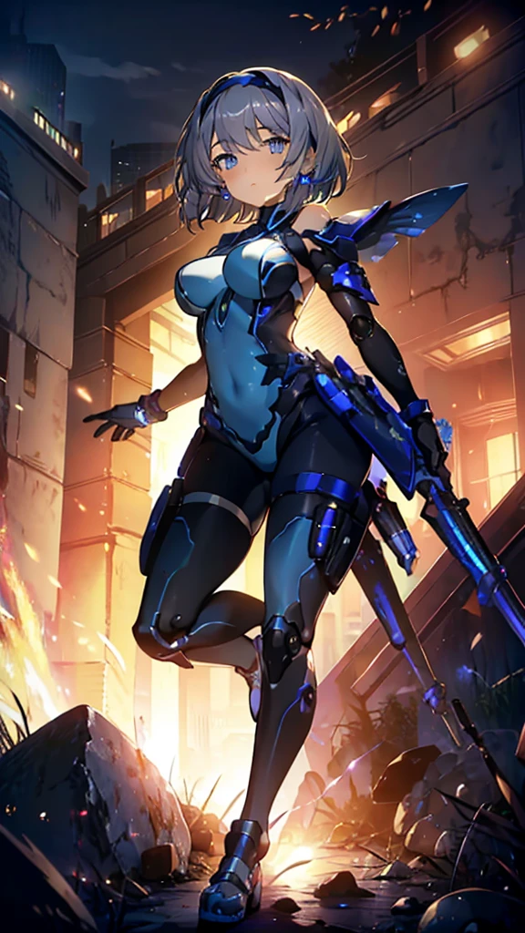 ((full body)), Girls in Anime, Blue and grey metal armor, Blue hand and thigh accessories, Short dark blue-gray hair, hair accessory, Grey Eyes, Silver earrings, nose, Curious, Healthy Skin, Very dirty, head, shoulder, Small box, arms, Have a map, Narrow waist, feet, Medium thighs, Has black robotic legs, cute, Bright colors on the shirt, Futuristic marble white palace, Shining light in the sky, Stand next to a wall, Cinematic Light, High resolution, Highest quality, Super detailed, Detailed face, (Detailed eyes), Highest quality, Super detailed, masterpiece, (Detailed face), Beautiful face, feetを見せて, short hair