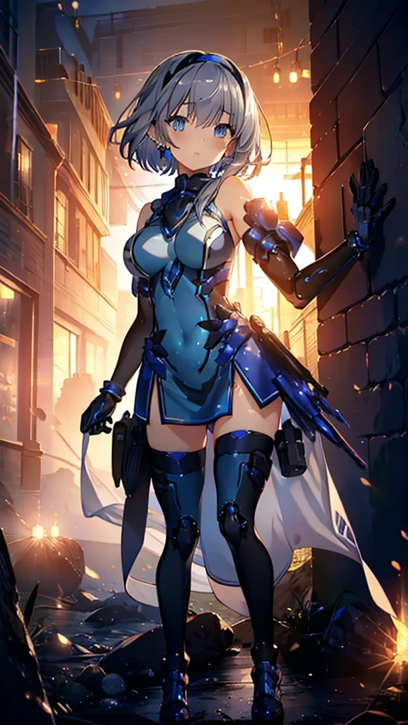 ((full body)),Teenage Girls in Anime, Blue and grey metal armor, Blue hand and thigh accessories, Short dark blue-gray hair, hair accessory, Grey Eyes, Silver earrings, nose, Curious, Healthy Skin, Very dirty, head, shoulder, Small box, arms, Have a map, Narrow waist, feet, Medium thighs, Has black robotic legs, cute, Bright colors on the shirt, Futuristic marble white palace, Shining light in the sky, Stand next to a wall, Cinematic Light, High resolution, Highest quality, Super detailed, Detailed face, (Detailed eyes), Highest quality, Super detailed, masterpiece, (Detailed face), Beautiful face, feetを見せて, short hair