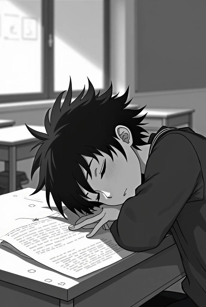 Black and white 2d anime teenager sleeping in classroom with spiky hair