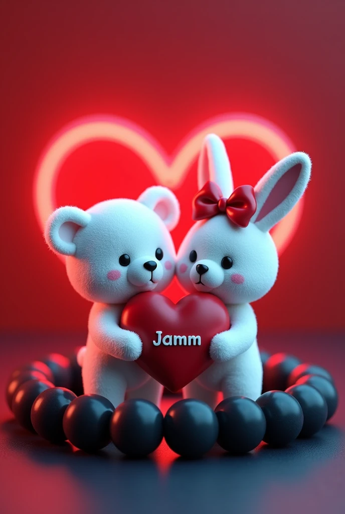A 3D render of a white teddy bear and a white bunny rabbit wearing a red bow holding a red heart "JANAM" written on it in Capital alphabets, are standing in a black beaded bracelet. The bracelet is sitting on a dark red and blue surface with a neon red heart shape in the background.  The image is in the style of a cute cartoon.