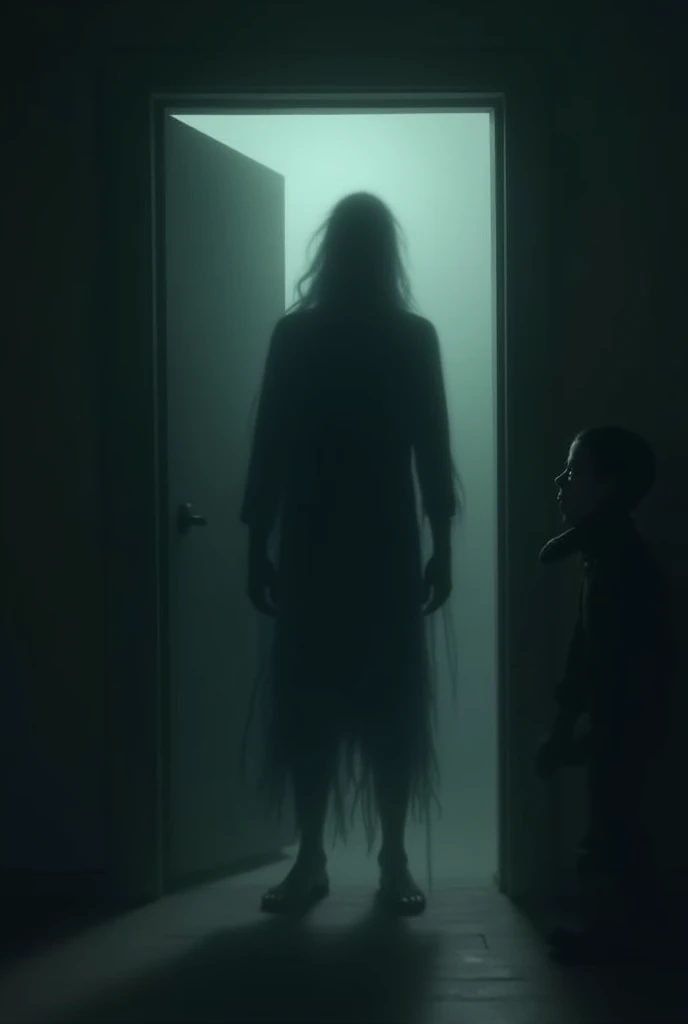 Une silhouette sombre et indistincte se tenant dans l'encadrement de la porte. La silhouette est floue, avec des contours vagues, et dégage une présence menaçante. Un  est aussi montré en train de se retourner, terrifié. 