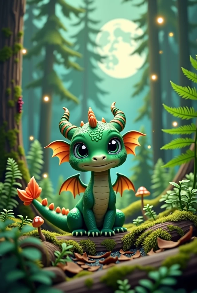 Fantasy Dragon cute Emerald green in the forest moonlight