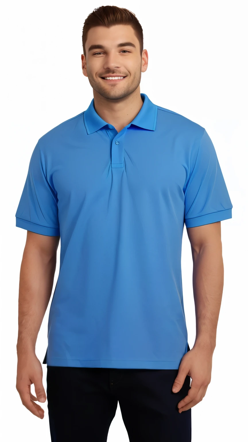 a man in a blue polo shirt smiles while standing, wearing a dark blue polo shirt, wearing polo shirt, in a dark teal polo shirt, blue shirt, kobalt blue, sky blue, royal-blue, short sleeves, light-blue, wearing a light blue shirt, blue clothing, various colors, collared shirt, cobalt blue, blue - print, blue uniform