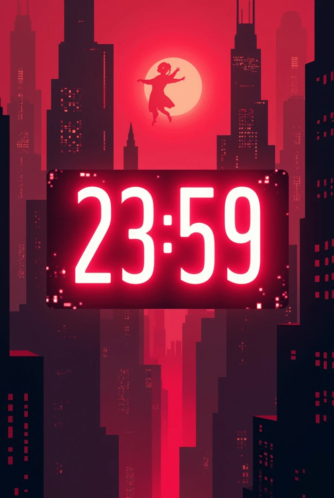Digital clock show time 23:59, abstract HD Wallpaper, neon glow, cityscape, dominated by red and maroon color, super heroes