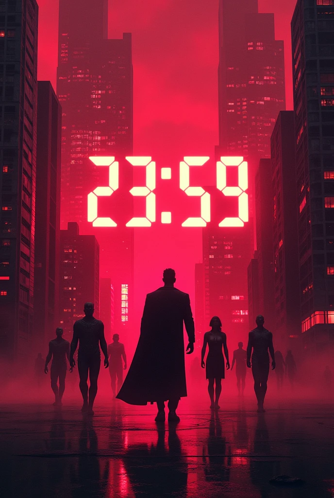 Digital clock show time 23:59, abstract HD Wallpaper, neon glow, cityscape, dominated by red and maroon color, super heroes