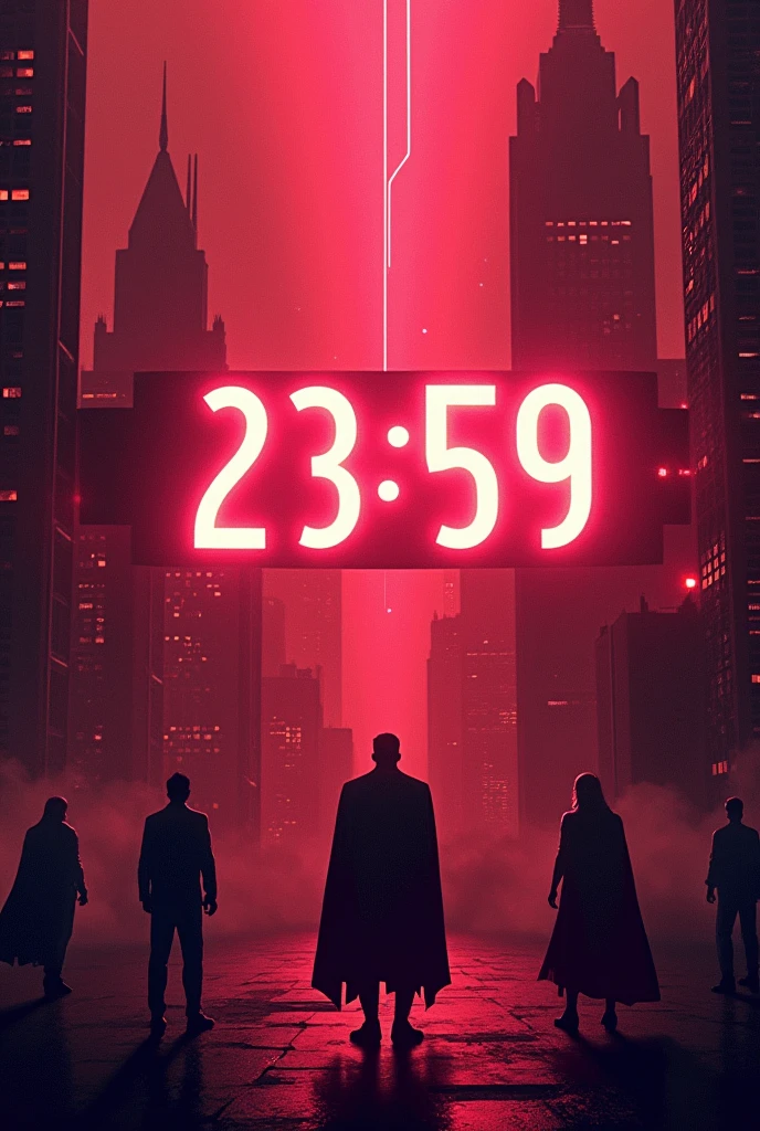 Digital clock show time 23:59, abstract HD Wallpaper, neon glow, cityscape, dominated by red and maroon color, super heroes