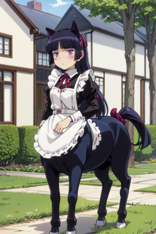 ((centaur)), (taur), (centauroid), (ruri gokou), woman, alone, Hime cut, Long Hair, Maid clothes, Cat ear, stockings, Black Tail, apronスカート, Long skirt, stockings, apron, Frills, ribbon, collar, cuffs,palace、garden、blue sky、