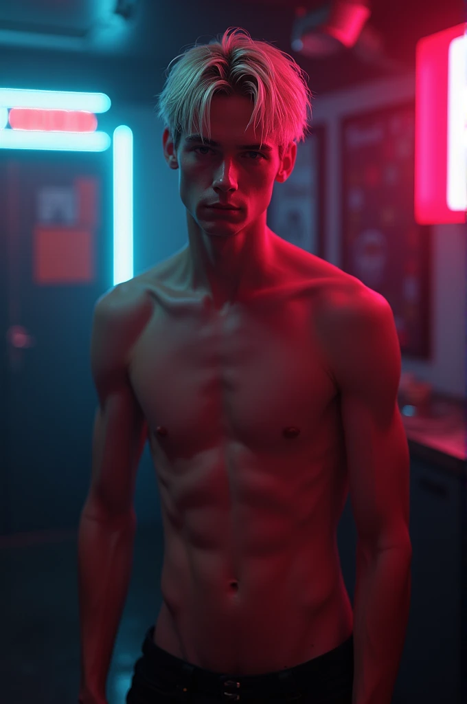 (Best Quality,4k,8k,High resolution,masterpiece:1.2),ultra detailed,sharp focus,(realist,photorealist,fotorrealista:1.37),Fotorrealist, low lighting, alone, Young man, 25 years, Pale skin, Model (skinny:1.3), (short layered platinum blonde hair:1.5), (nude with no clothes), full body, incubus, sexy, (CNTX neon letters:1.4), strip club lighting, very detailed face bdsm background,extremely detailed facial features,hyper realist skin texture,extremely fine details,intricate details,
detailed eyes,detailed nose,detailed lips,Detailed facial expressions,intricate facial anatomy,intense lighting,dramatic lighting,lighting change,cinematic lighting,chiaroscuro lighting,dramatic shadows,dramatic moments,vivid colors,intense colours,Deep contrast,cinematic depth of field,cinematographic composition,cinematic camera angle