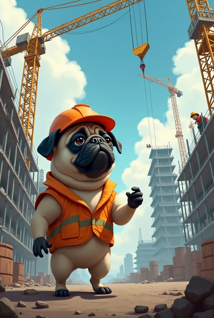 a Pug dog, engineer, guiding the crane operator