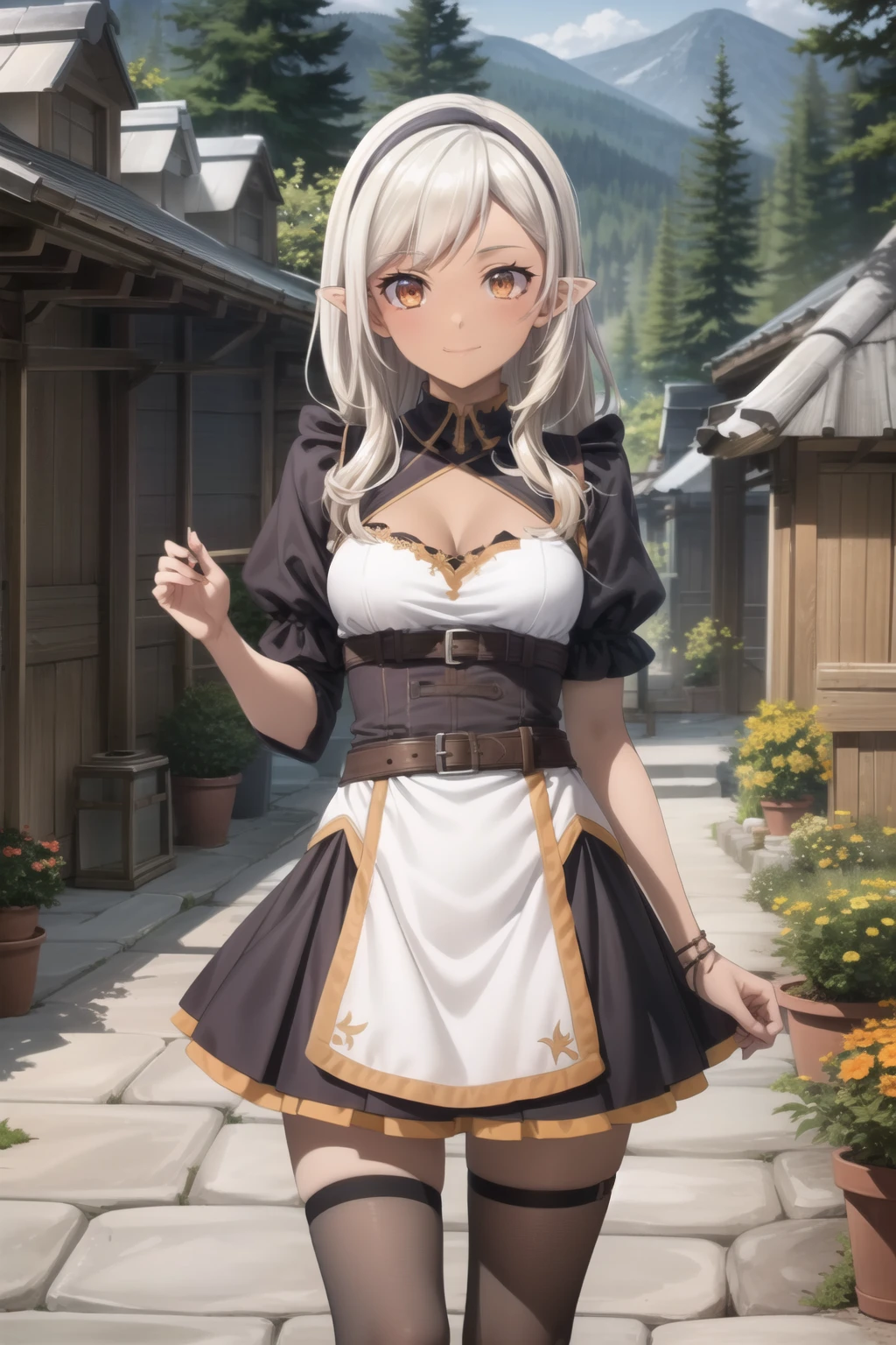 best quality, masterpiece, highly detailed, (Isekai Nonbiri Nouka Yaa), (yaa), One girl, light smile, closed mouth, dark skin, blonde hair, long hair, orange eyes, pointy ears, hairband, small breasts, short dress, clothing cutout, midriff, choker, belt, thighhighs, standing, looking at the viewer, outdoors, tree, house, wood