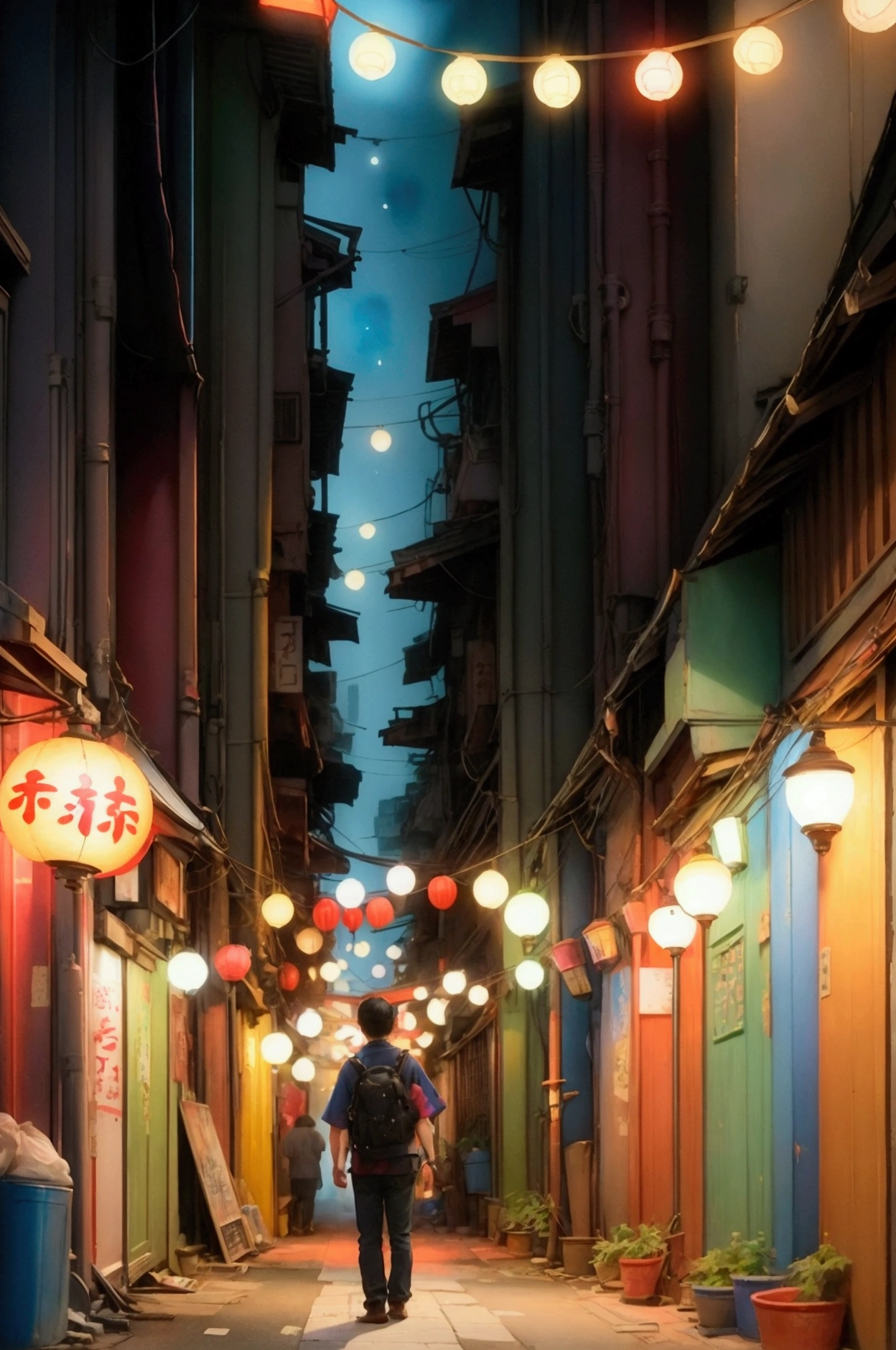 (Tilt Shift:1.4),Midnight Transit,Taipei Alley,A person standing in the alley,(colorful, best quality, detailed, On the table, Movie Lighting,watercolor, 4K, Chiaroscuro)