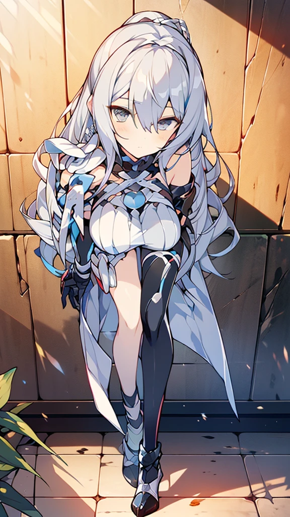 ((full body)),Teenage Girls in Anime, Blue and grey metal armor, Blue hand and thigh accessories, Short dark blue-gray hair, hair accessory, Grey Eyes, Silver earrings, nose, Curious, Healthy Skin, Very dirty, head, shoulder, Small box, arms, Have a map, Narrow waist, feet, Medium thighs, Has black robotic legs, cute, Bright colors on the shirt, Futuristic marble white palace, Shining light in the sky, Stand next to a wall, Cinematic Light, High resolution, Highest quality, Super detailed, Detailed face, (Detailed eyes), Highest quality, Super detailed, masterpiece, (Detailed face), Beautiful face, feetを見せて, 