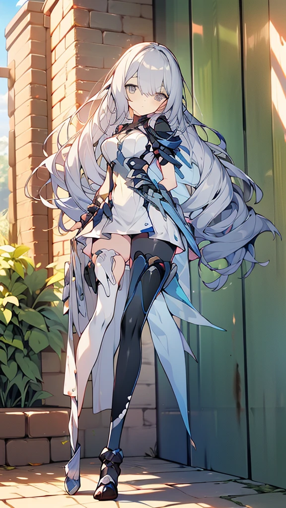 ((full body)),Teenage Girls in Anime, Blue and grey metal armor, Blue hand and thigh accessories, Short dark blue-gray hair, hair accessory, Grey Eyes, Silver earrings, nose, Curious, Healthy Skin, Very dirty, head, shoulder, Small box, arms, Have a map, Narrow waist, feet, Medium thighs, Has black robotic legs, cute, Bright colors on the shirt, Futuristic marble white palace, Shining light in the sky, Stand next to a wall, Cinematic Light, High resolution, Highest quality, Super detailed, Detailed face, (Detailed eyes), Highest quality, Super detailed, masterpiece, (Detailed face), Beautiful face, feetを見せて, 