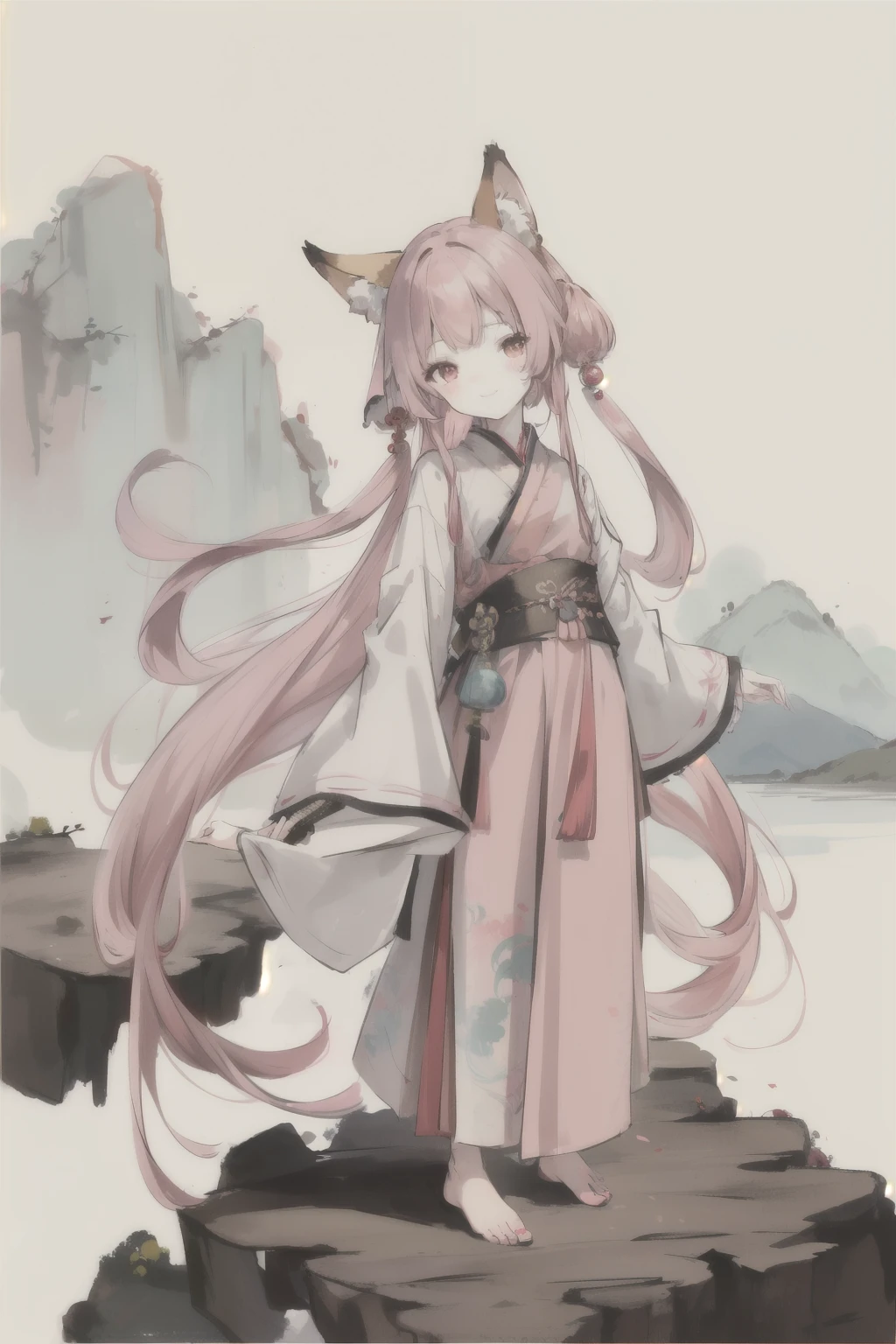 (4K,masterpiece,best quality),(traditional chinese ink painting),(Hanfu),(maxiskit),(conservative dress),1girl,(loli),Young children,(solitary),(pink long hair),(fox ears),(smiling),barefoot,(standing on a mountain),(barefoot)