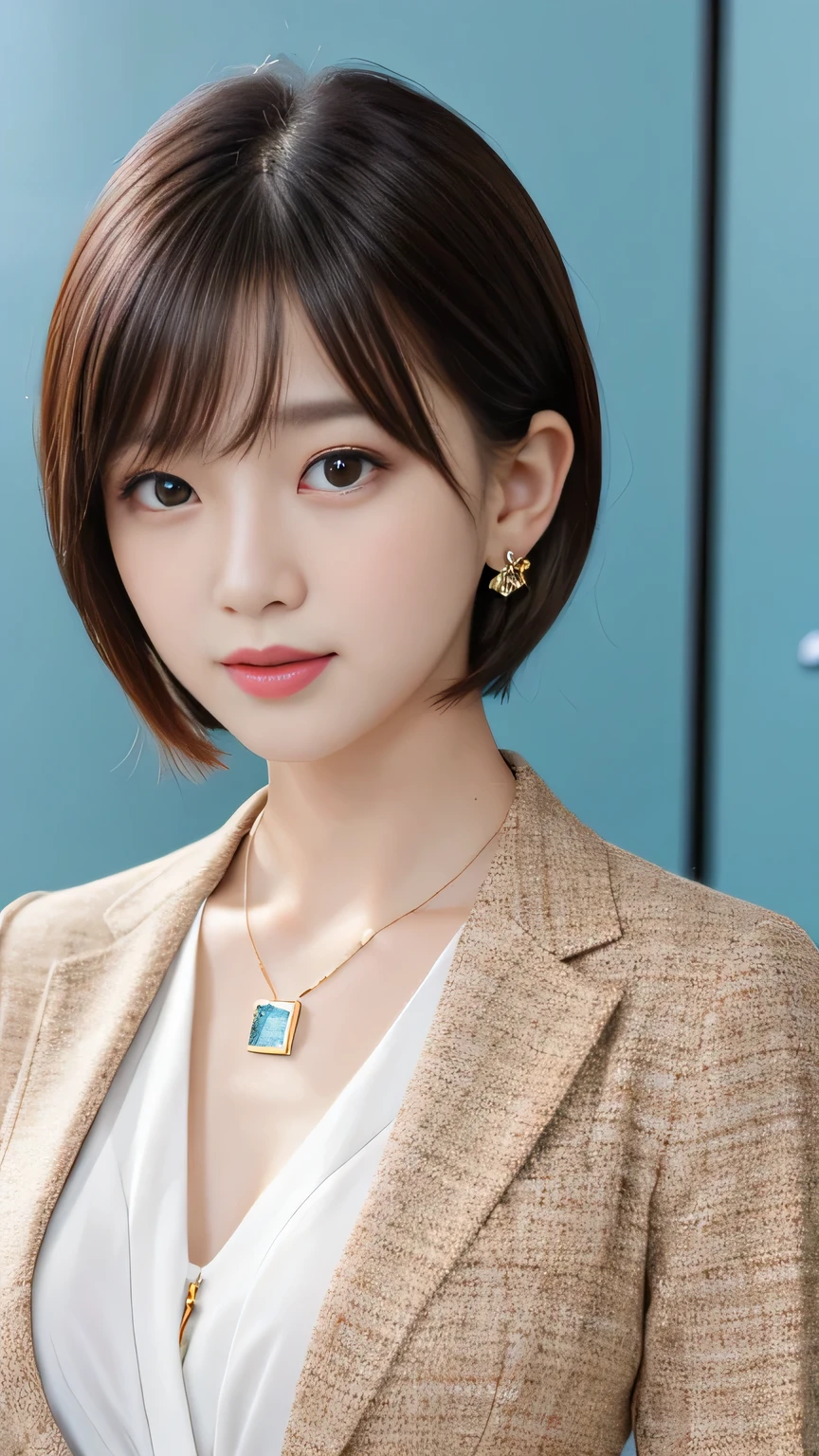 RAW Photos, High resolution, Very detailed, Intricate details, 、ear piercing、Expressionless、short hair、Black Hair、Clear beauty,(High quality fabric, Office Lady Suits 、Necklace around the neck、, The background is the office
