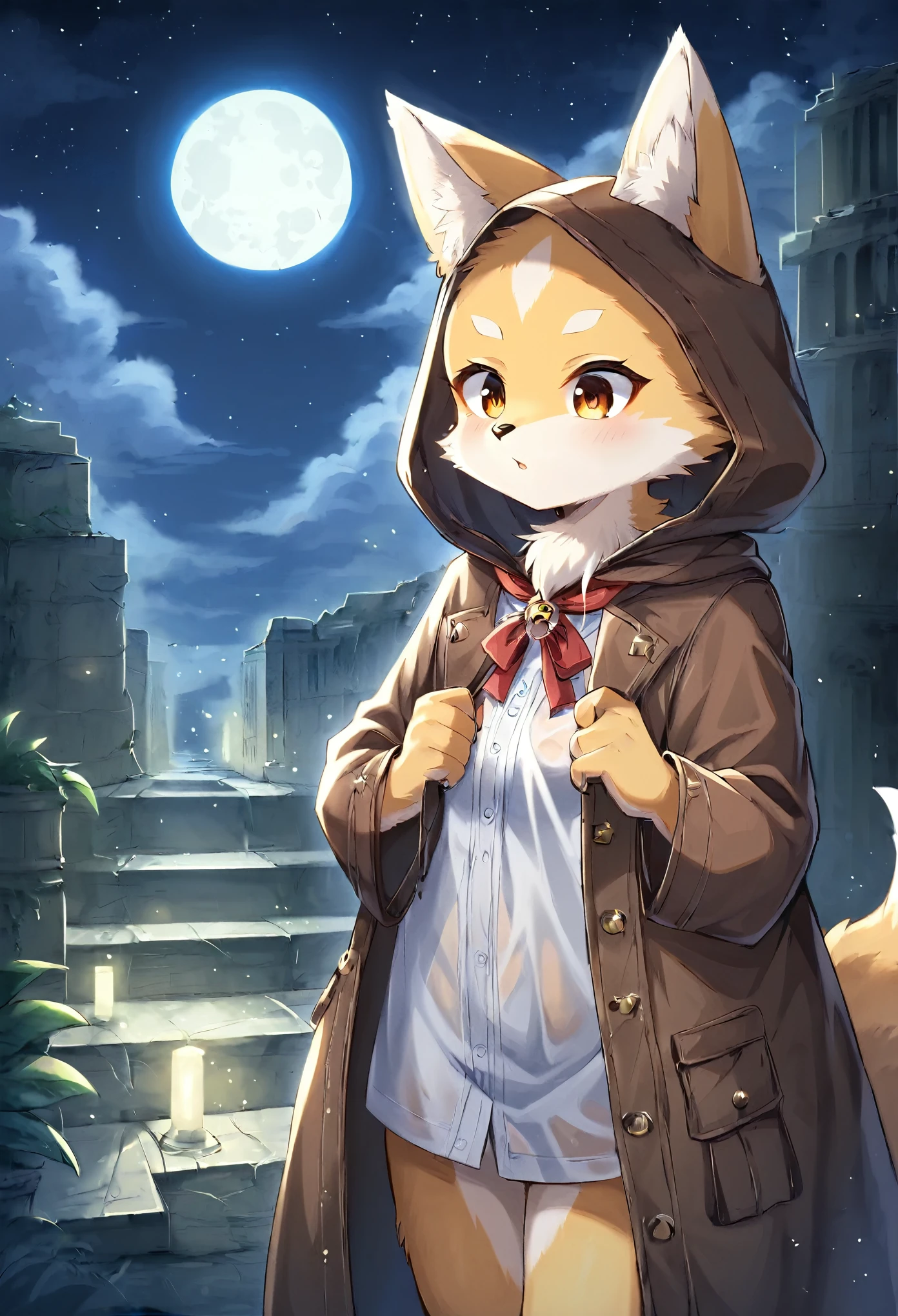 rating_safe, score_9, score_8_up, score_7_up, score_6_up, score_5_up, score_4_up, hires, highres, source_furry, cover page(kemono, furry anthro, boys, girls, fox, Golden fur, Golden yellow face fur, Red eyes, Brown elements on fur, Brown coat brown hood up)Plant elements in ruins, lichen, There is no other life, Night, starry sky, Vast landscape, moon full, meteors, Star cloud, Warm light source, Rained, wet clothes, overcast sky, Beautiful lights and shadows, Ambient light, Volumetric lighting, Dynamic configuration, Highly detailed and colorful details, luminous lighting, Atmospheric lighting, dream magical, magic, Glowing light,