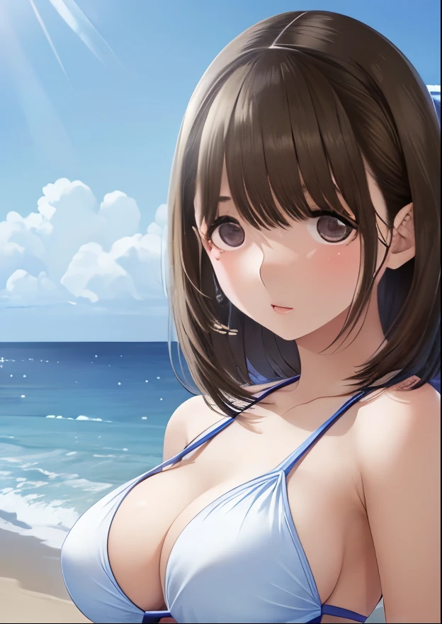 （(((masterpiece、high resolution、high quality、Delicate、８ｋ)))One female、Glowing Skin、White swimsuit、Big Breasts、Ocean、beach、sunlight