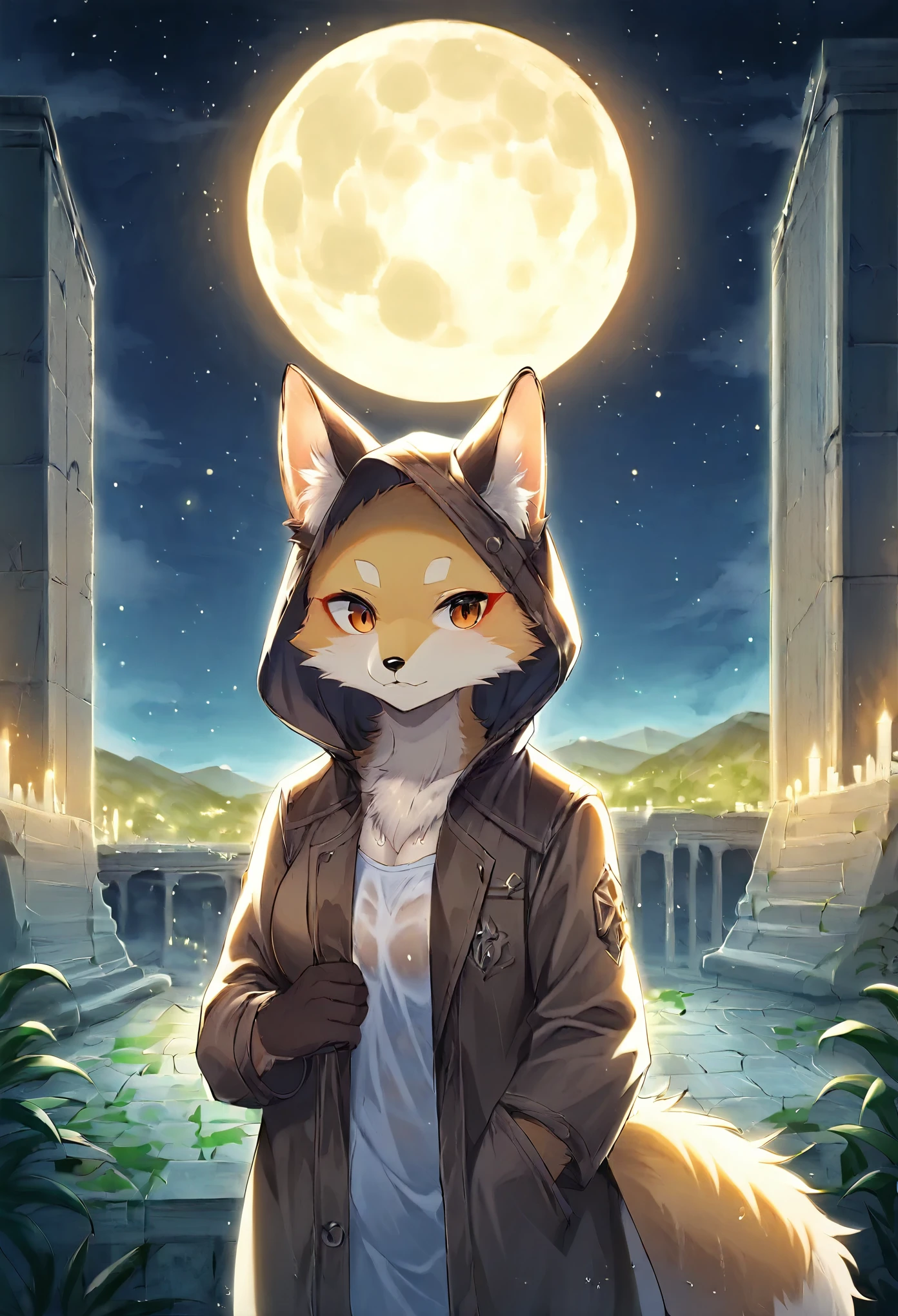 rating_safe, score_9, score_8_up, score_7_up, score_6_up, score_5_up, score_4_up, hires, highres, source_furry, cover page(kemono, furry anthro, boys, girls, fox, Golden fur, Golden yellow face fur, Red eyes, Brown elements on fur, Brown coat brown hood up)Plant elements in ruins, lichen, There is no other life, Night, starry sky, Vast landscape, moon full, meteors, Star cloud, Warm light source, Rained, wet clothes, overcast sky, Beautiful lights and shadows, Ambient light, Volumetric lighting, Dynamic configuration, Highly detailed and colorful details, luminous lighting, Atmospheric lighting, dream magical, magic, Glowing light,