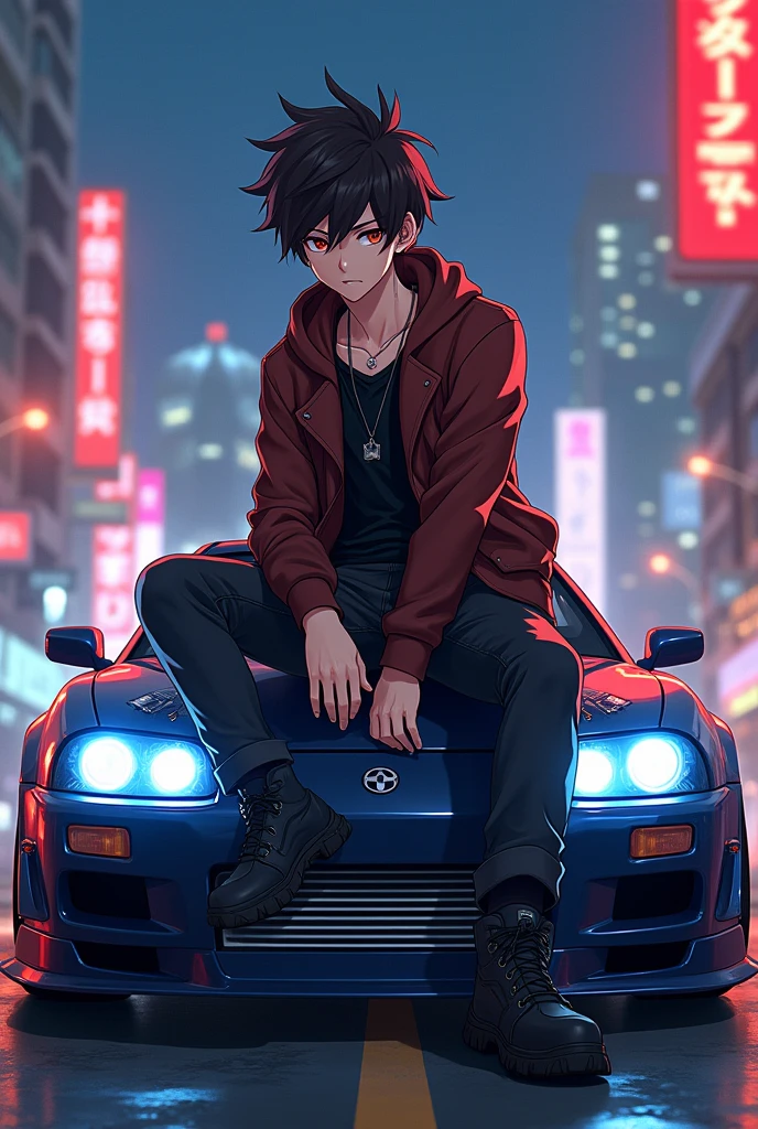 Anime boy sitting on car in a cool way and car from fast and furious 5and6