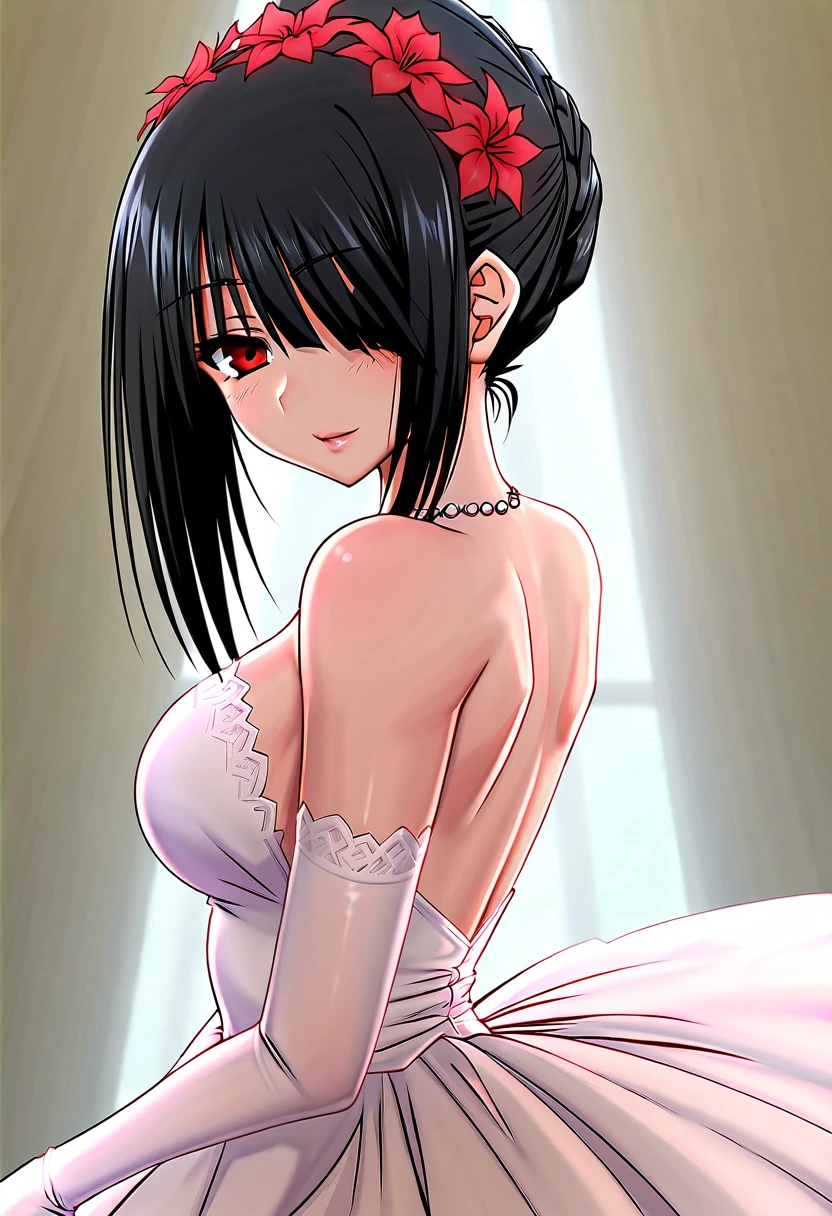 tokisaki kurumi,((masterpiece)),(((best quality))),((ultra-detailed)),((illustration)),((disheveled hair)),((frills)),(1 girl),(solo),Wavy hair secretary,solitary,Exquisite eyes,Fine black hair,( Smooth skin:1.2)( Wear a gorgeous and sparkling evening gown:1.2), Slender body proportions,Back,Gorgeous room,backless outfit,back focus,from behind,Simple background, Blurred Background, Glossy background,long hair,Hairstyle,upper body,
