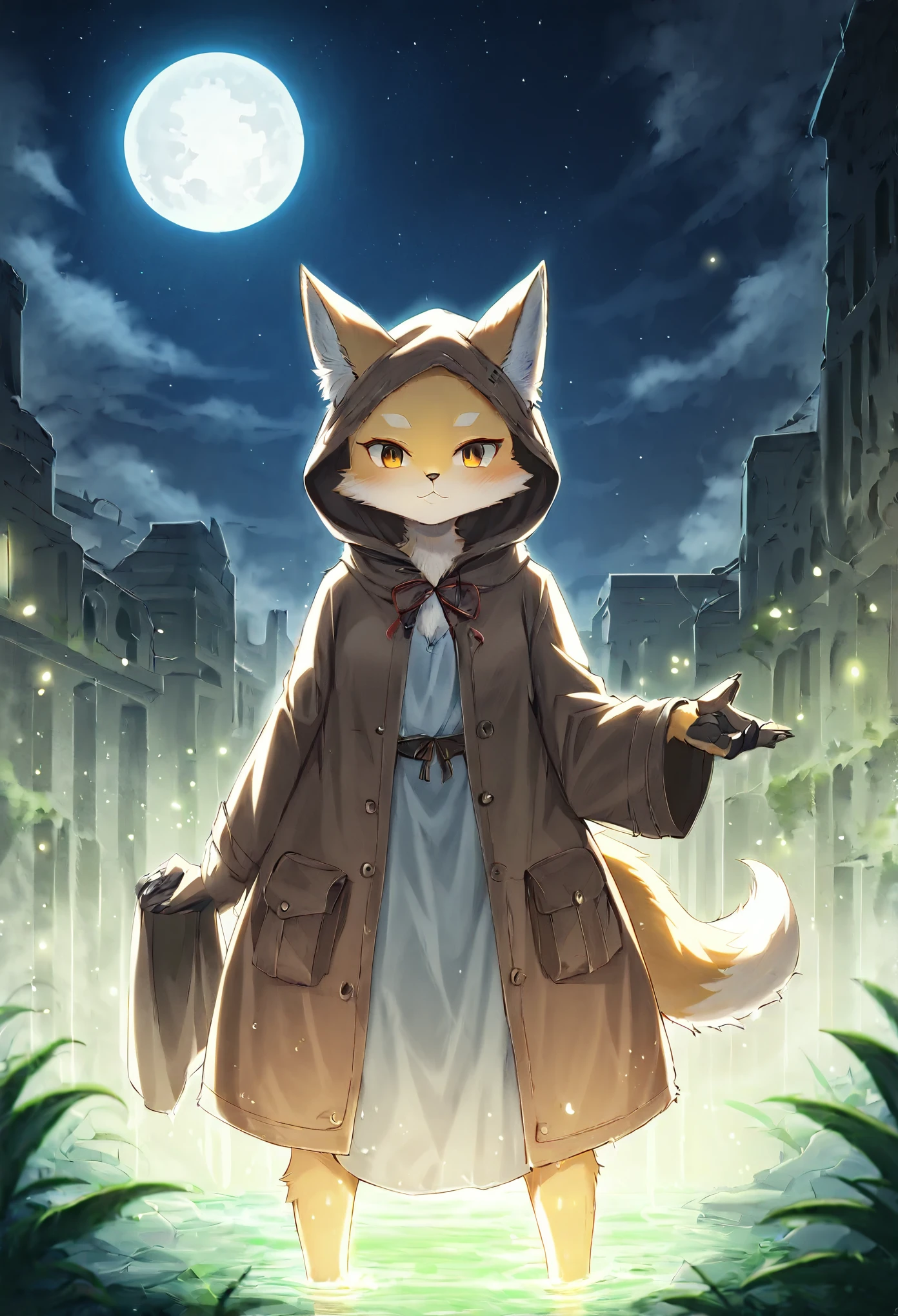 rating_safe, score_9, score_8_up, score_7_up, score_6_up, score_5_up, score_4_up, hires, highres, source_furry, cover page(kemono, furry anthro, boys, girls, fox, Golden fur, Golden yellow face fur, Red eyes, Brown elements on fur, Brown coat brown hood up)Plant elements in ruins, lichen, There is no other life, Night, starry sky, Vast landscape, moon full, meteors, Star cloud, Warm light source, Rained, wet clothes, overcast sky, Beautiful lights and shadows, Ambient light, Volumetric lighting, Dynamic configuration, Highly detailed and colorful details, luminous lighting, Atmospheric lighting, dream magical, magic, Glowing light,