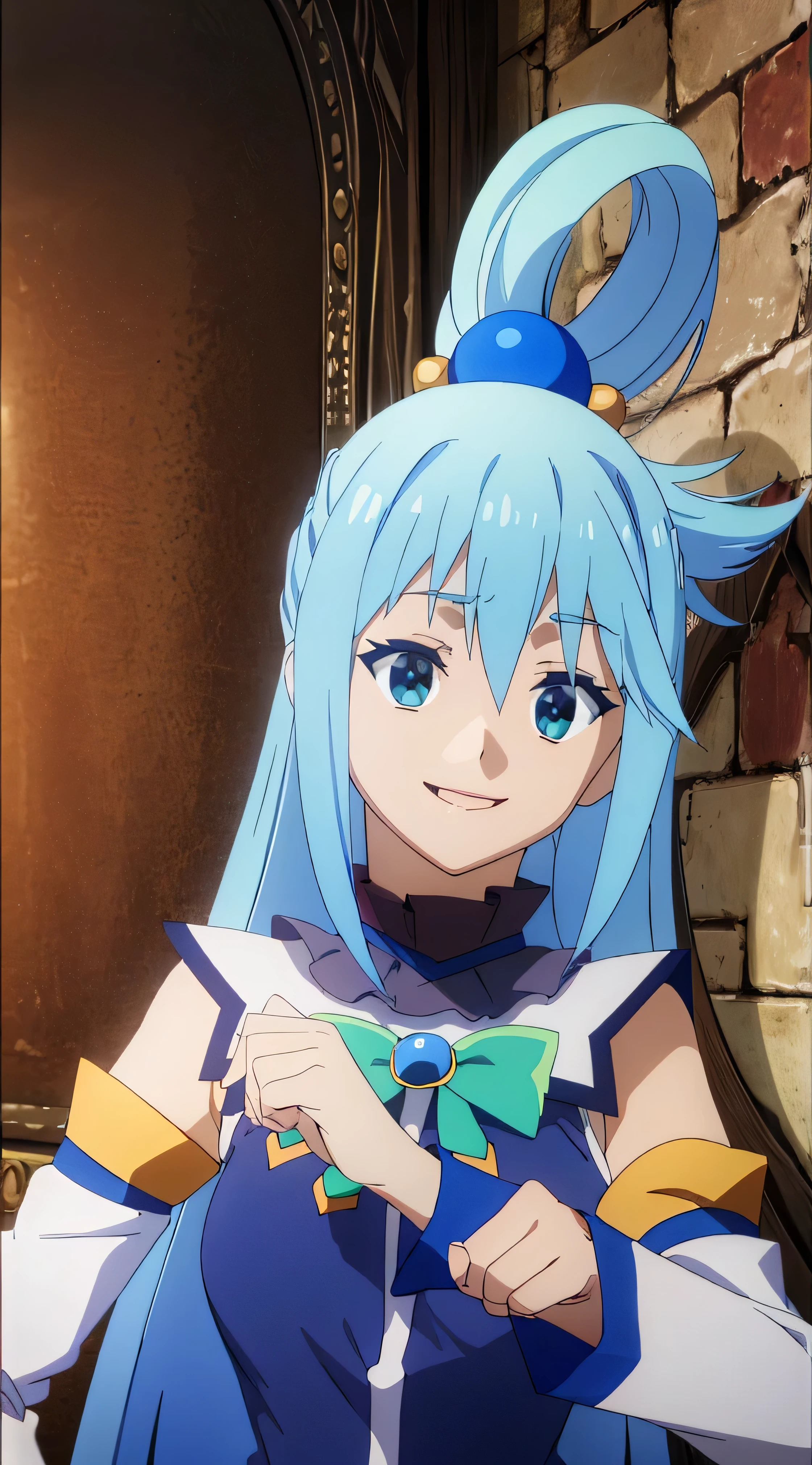 (masterpiece, best quality:1.2), expressive eyes, perfect face, highres, 1girl, solo, aaaqua, long hair, blue hair, hair rings, hair ornament, choker, bare shoulders, green bow, blue shirt, detached sleeves, blue skirt, thighhighs, happy smiling, standing, upper body, portrait, looking at the viewer,curvy,,oily skin,shiny skin,most evil huge laugh,lipstick,sadistic smile,deep shaded face(eyes in shadow),singlebraid,smile worst,worst ridecule,most evil moukery,,onebraid,,two hands,five fingers,dark aura background,A face full of evil,most evil ridicule,,horor, Violence, , The Empowerment of Evil, monster,naughty face,seductive smile