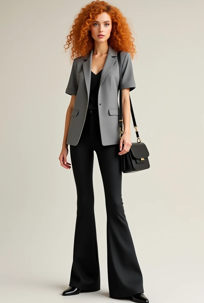 You can create a full body honey curly hair woman with a grey blazer that is closed and short with short sleeves and with soft black flared pants and a black purse on the side with black boots. 