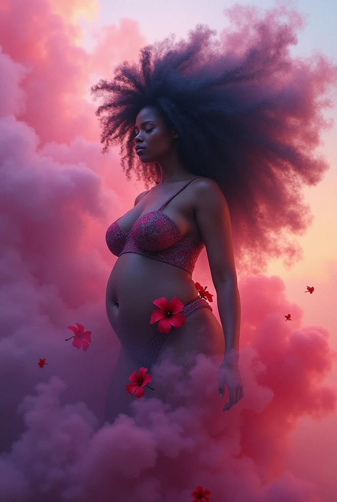 Une œuvre d'art numérique surréaliste mettant en scène une figure féminine noir chubby de large taille, semi-abstraite émergeant d'un nuage tourbillonnant de couleurs vives, hibiscus, notamment des violets profonds, des rouges et des blancs doux. La figure est représentée dans une pose gracieuse avec des détails complexes sur son torse et ses cheveux flottants, se fondant parfaitement dans l'arrière-plan éthéré semblable à de la fumée qui transmet une impression de mouvement et de fluidité