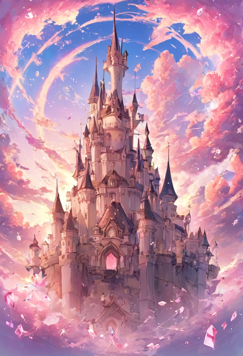 A castle in the sky with pink clouds and pink crystals floating around it,