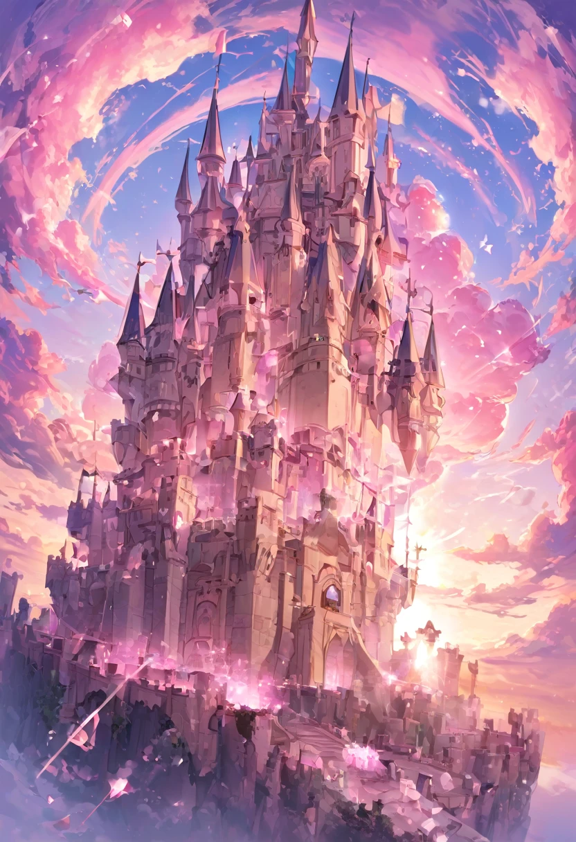 A castle in the sky with pink clouds and pink crystals floating around it,