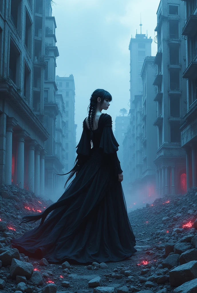 One is  , caucasiano, he would be, braided hair with bangs, Bblack hair, grey-eyed, detailed black dress, isolated and destroyed city, city in a blue tone with red.
