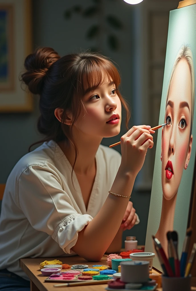 A woman is making a painting of her own face