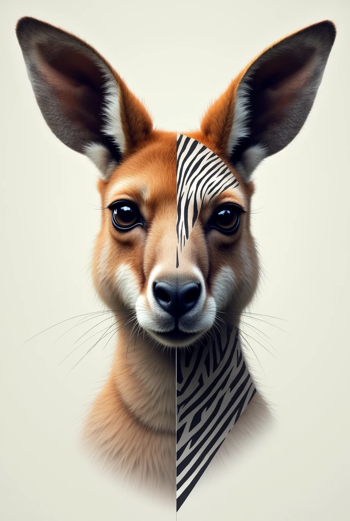A kangaroo face frontal where the left half of the face is realistic and the right half of the kangaroo face is made with geometric lines for tattooing