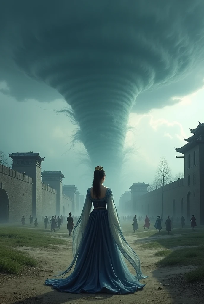 In the full Tang Dynasty era, the eldest princess is wearing a dark blue and white dress, full of the Tang Dynasty official regalia, standing and looking at a large tornado that is blowing towards the city in front of the city wall. The atmosphere of the storm is chasing a group of villagers running into the city, very realistic.