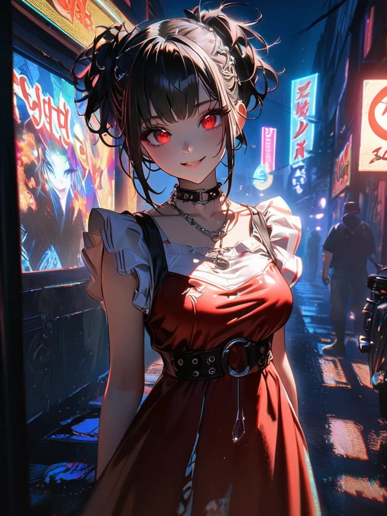 1 girl, chromatic aberration, Written boundary depth, Soft Light, masterpiece, Highest quality, complicated, Tone Mapping, A place where fireworks are set off at festivals. Concept Art, Smooth, Clear focus, Dramatic lighting, Very cinematic, super practical painting, アートステーション's trending, 8k, Incredible Shadows, practical,  whole body, View, Viewers, Portrait of a Girl 1, standing on street corner, Heavy rain and lightning、Dark Sky, neon and cyber punk background, she is dressed in punk clothing with silver chains and silver spikes, Her hair was dyed a bright black color..........Ominous aura of light, smile, punk, ciber punk, Backlight.Fashionable clothes、Friendly dress code:Wearing a cute red dress.My breasts are a little big.Beautiful red eyes